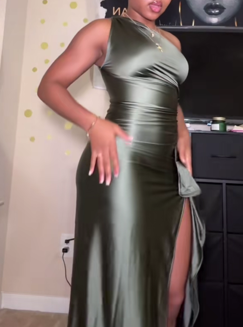 One Shoulder Satin High-Slit Maxi Dress