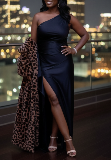 One Shoulder Satin High-Slit Maxi Dress