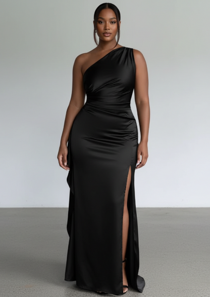 One Shoulder Satin High-Slit Maxi Dress