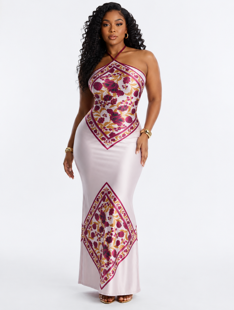 Backless Floral Satin Maxi