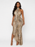 Asymmetric Leopard Halter Dress