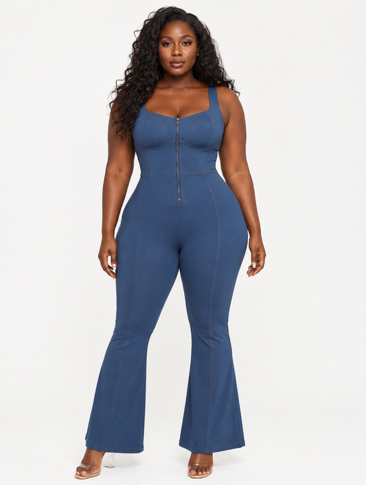 Denim Zip Flare Jumpsuit
