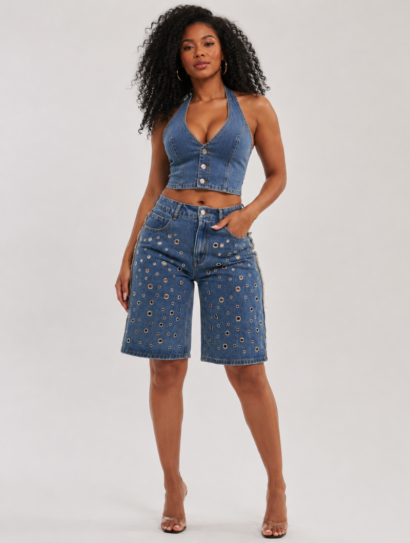 Grommet Detail Denim Jorts