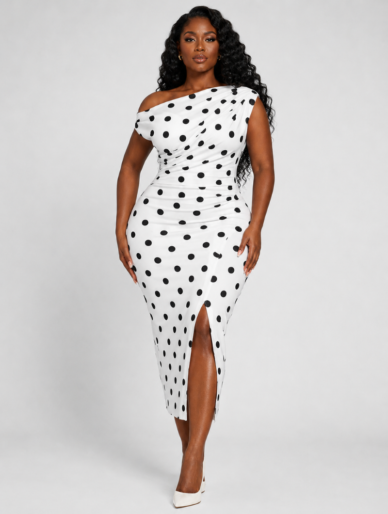 Elegant Draped Polka Midi