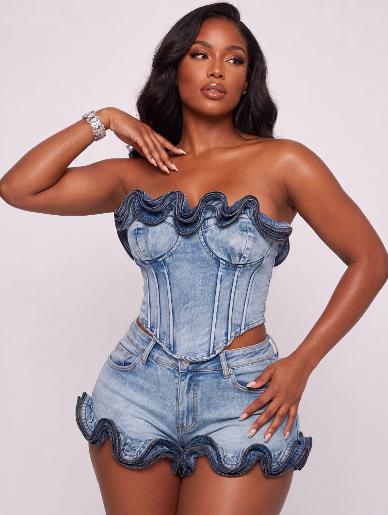 Zipper Ruffle Denim Corset
