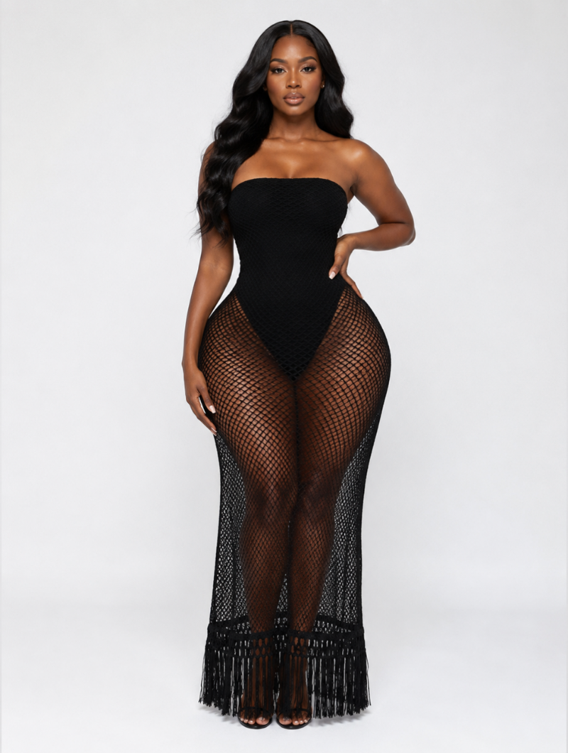 Strapless Fishnet Fringe Gown