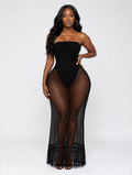 Strapless Fishnet Fringe Gown