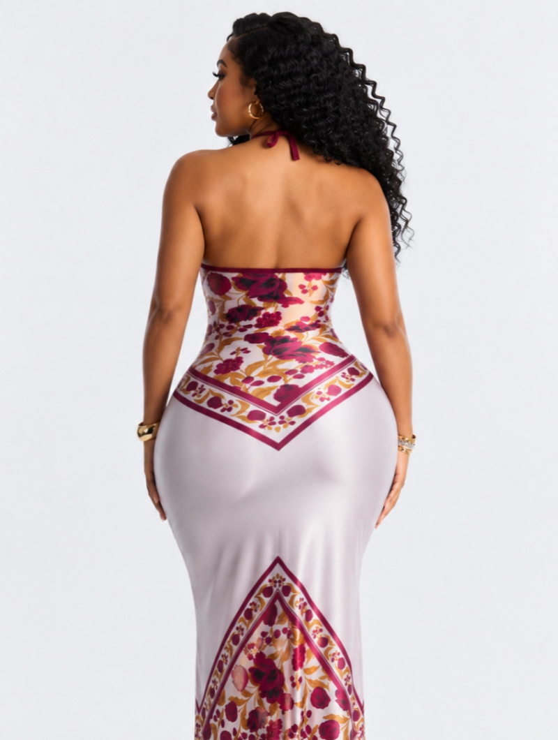 Backless Floral Satin Maxi
