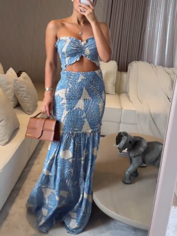 Tropical Ruched Mermaid Maxi Dress