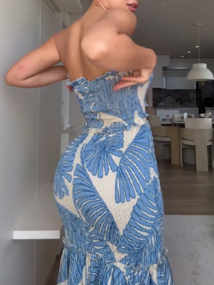 Tropical Ruched Mermaid Maxi Dress