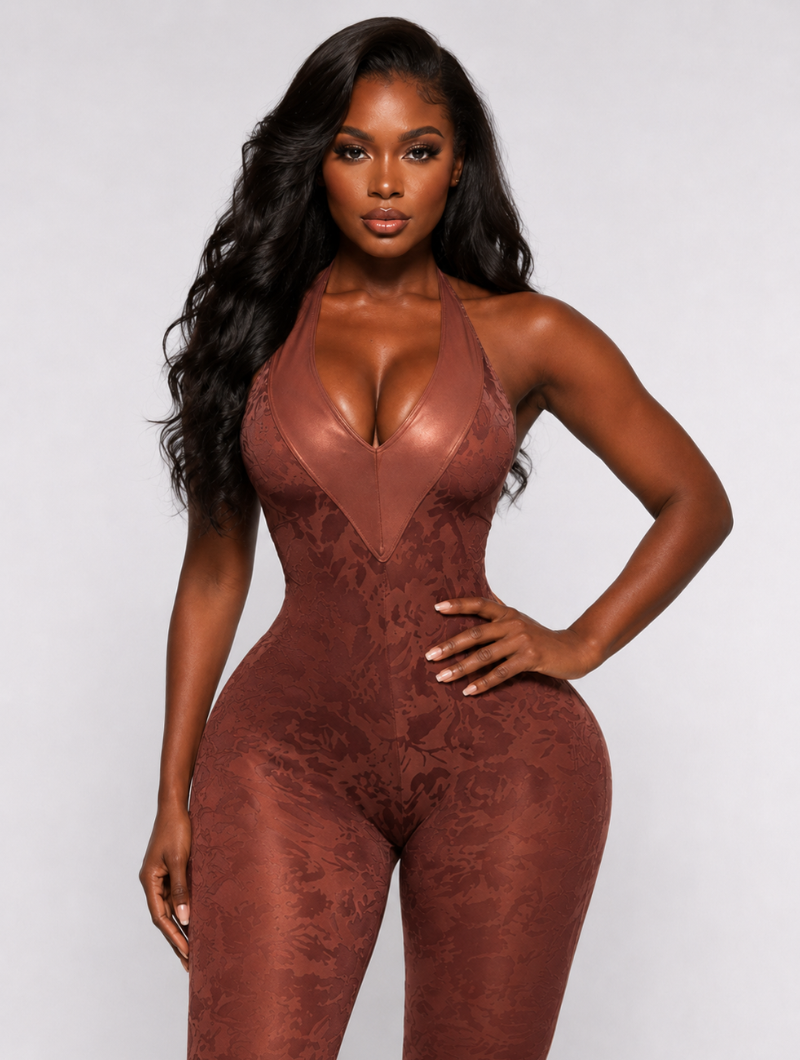 Copper Jacquard Plunge Jumpsuit