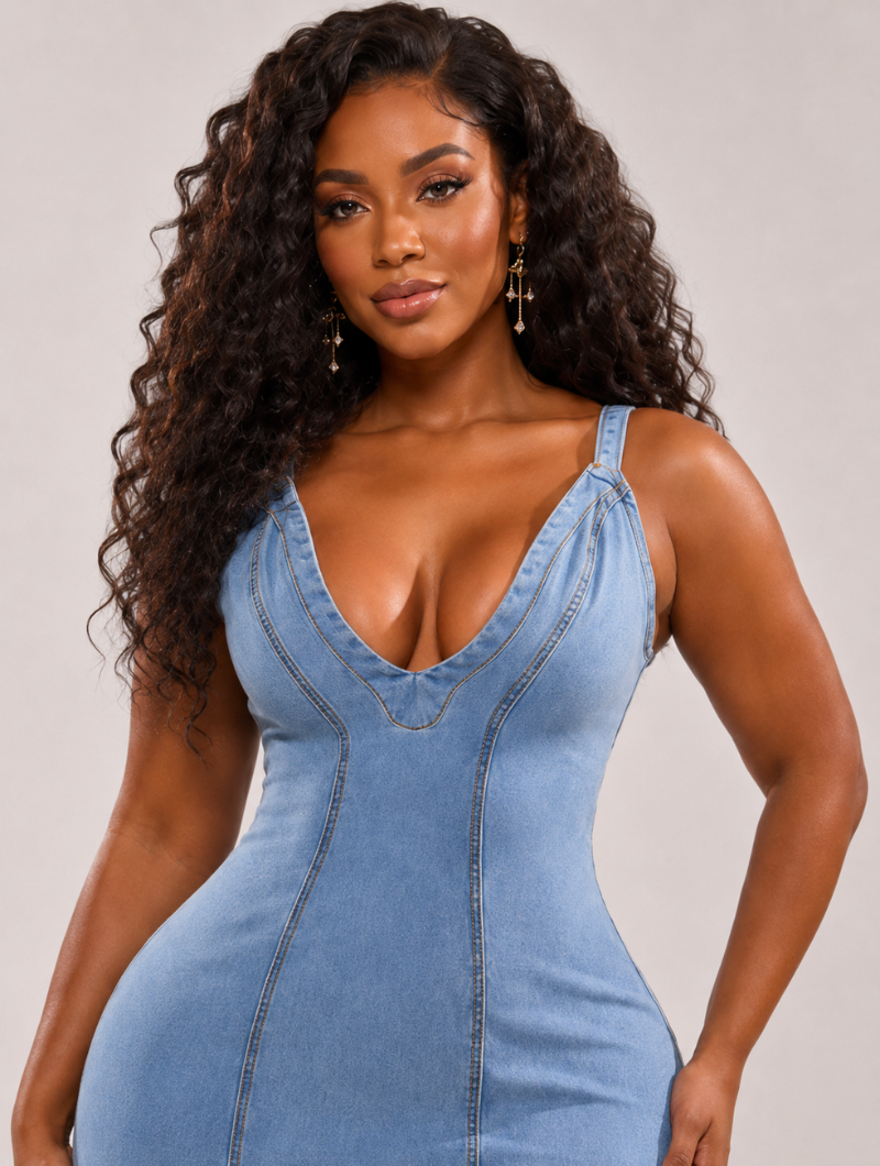 Tiered Mermaid Faux Denim Dress