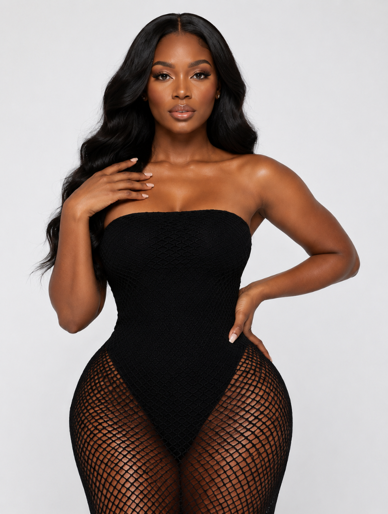 Strapless Fishnet Fringe Gown