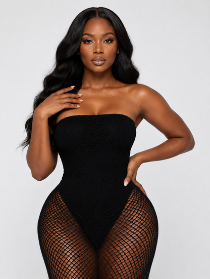 Strapless Fishnet Fringe Gown