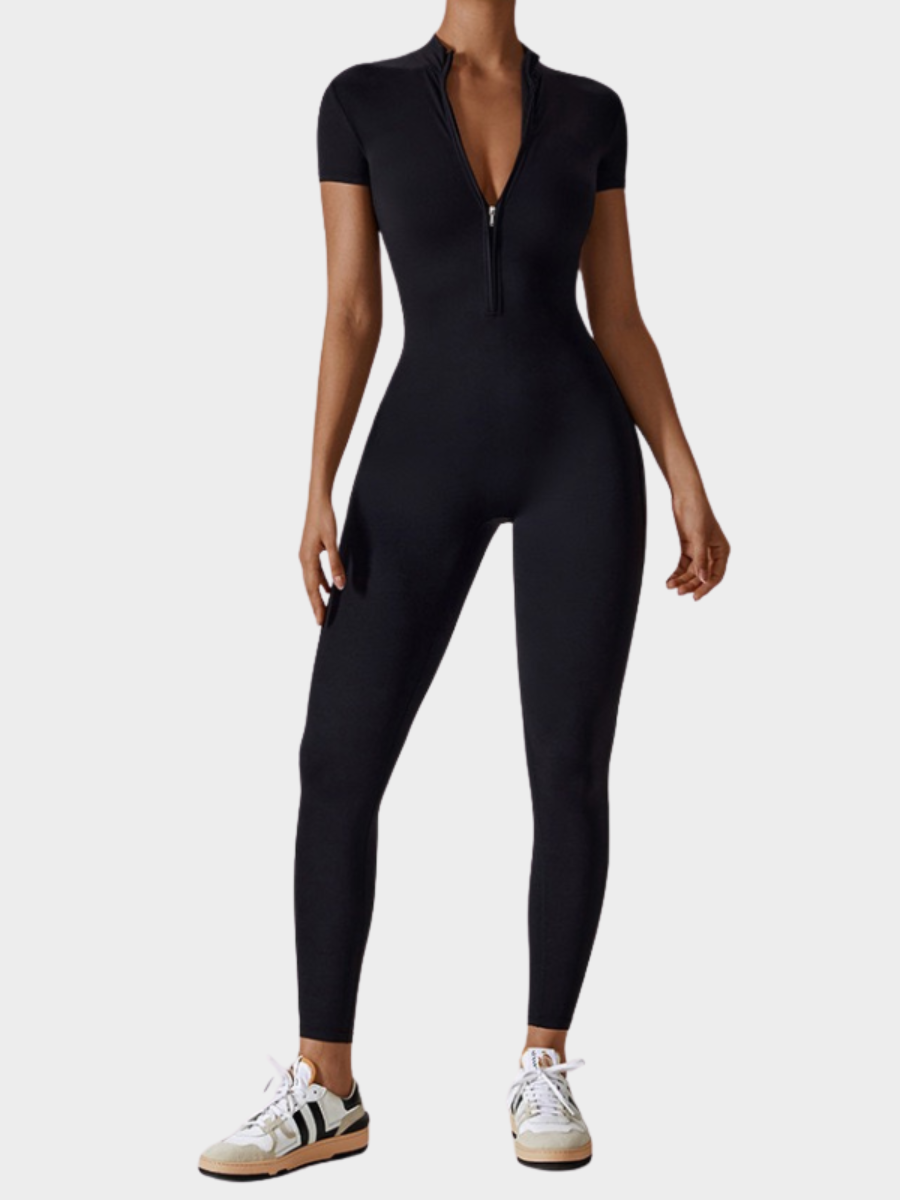 Women Zipper Short Sleeve Nude Yoga Jumpsuit