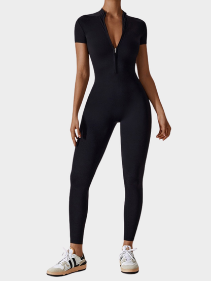 Women Zipper Short Sleeve Nude Yoga Jumpsuit