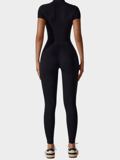 Women Zipper Short Sleeve Nude Yoga Jumpsuit