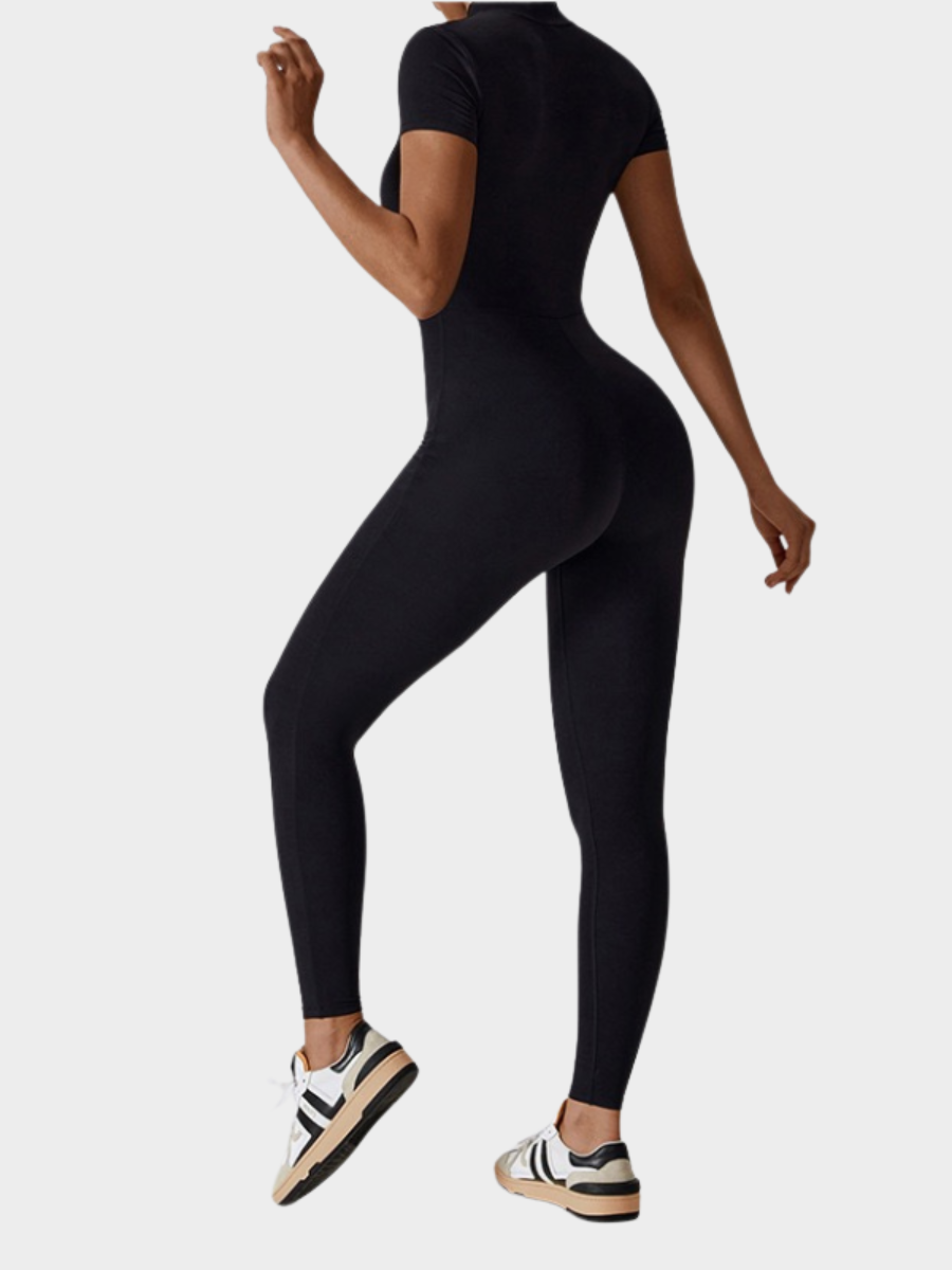 Women Zipper Short Sleeve Nude Yoga Jumpsuit