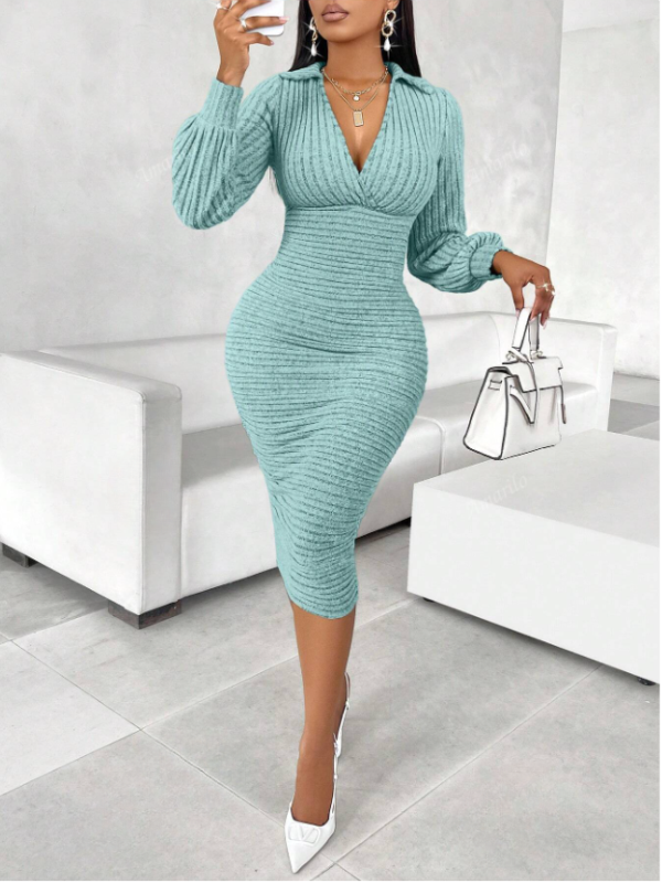 Casual Knitted Dress with Deep V
