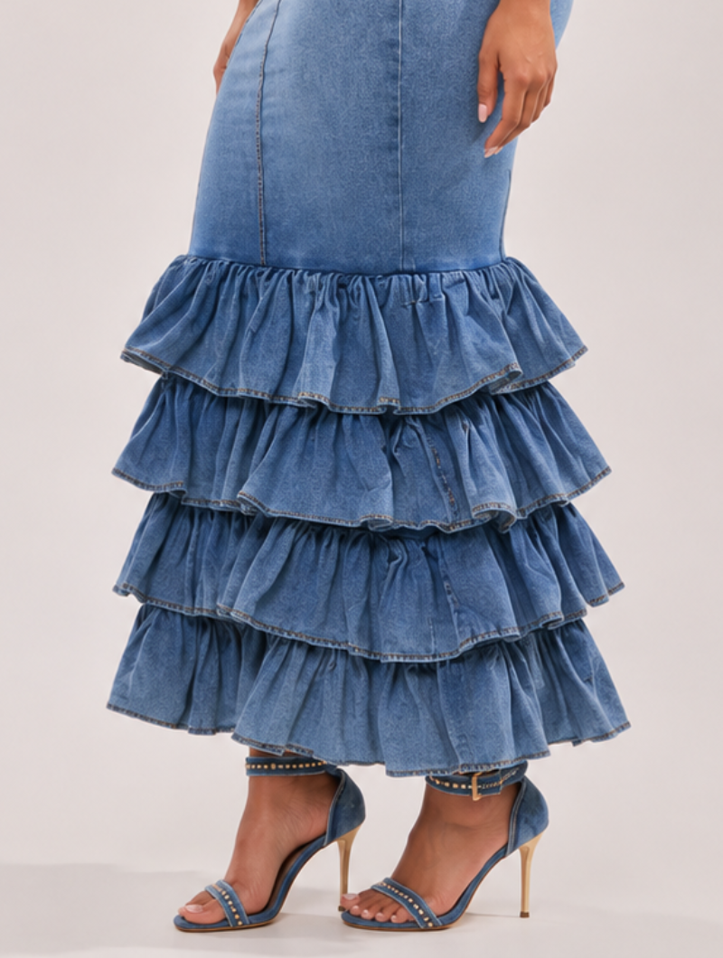Tiered Mermaid Faux Denim Dress