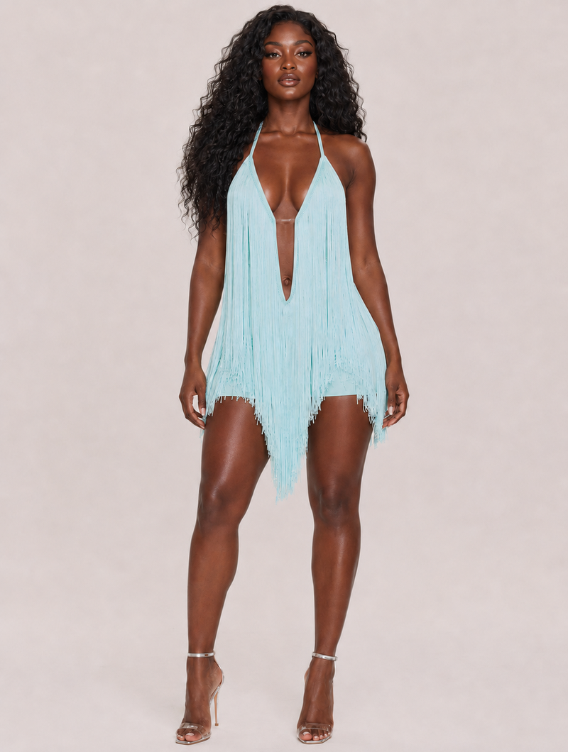Plunge Fringe Mini Dress