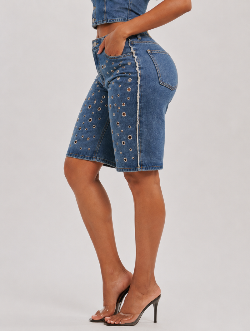 Grommet Detail Denim Jorts