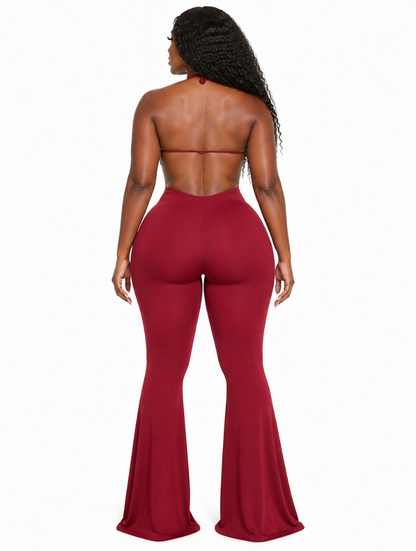 Wine Halter Flare Jumpsuit