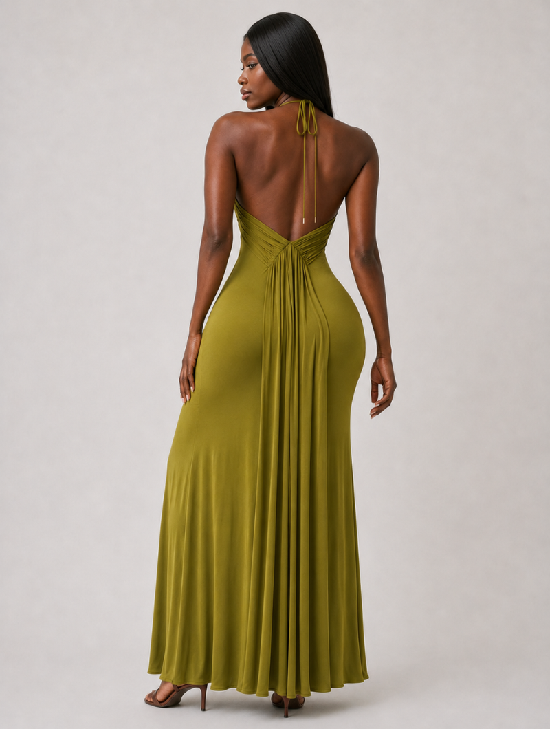 Olive Ruched Halter Maxi