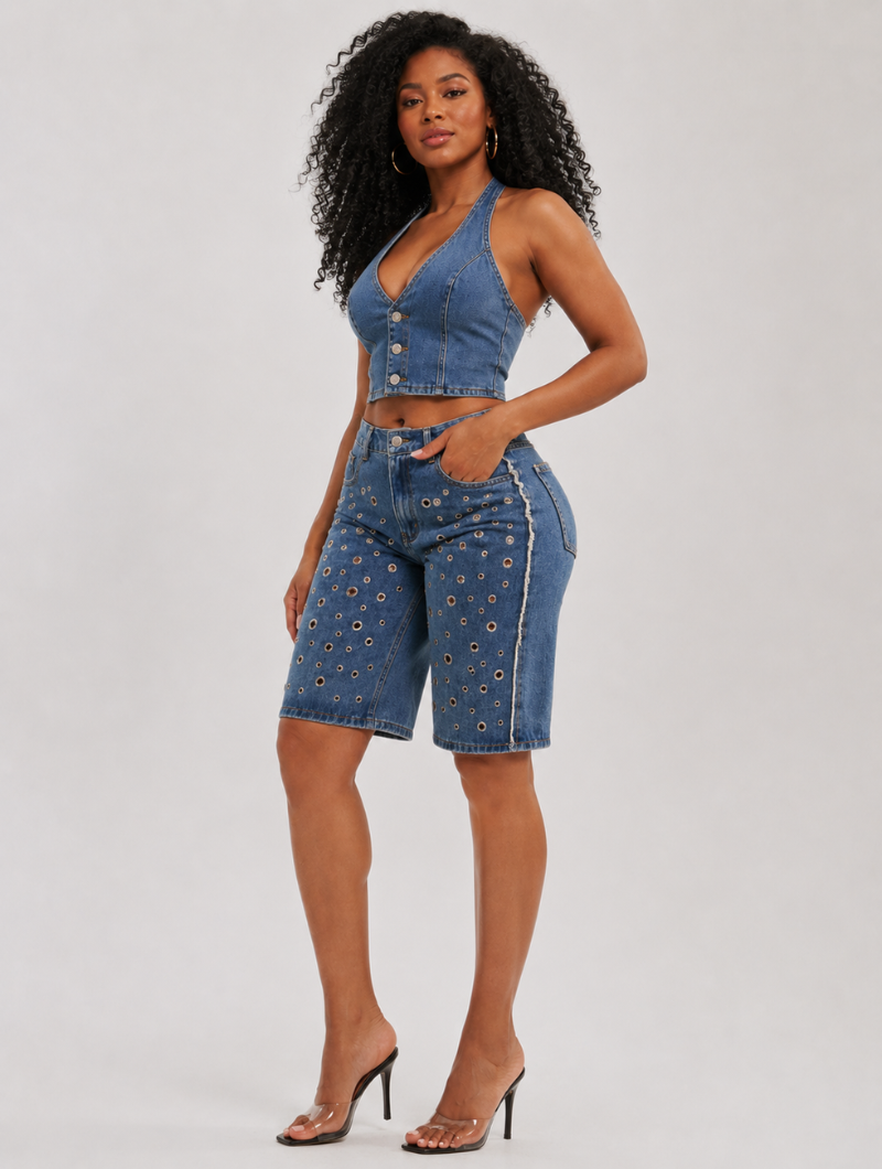Grommet Detail Denim Jorts