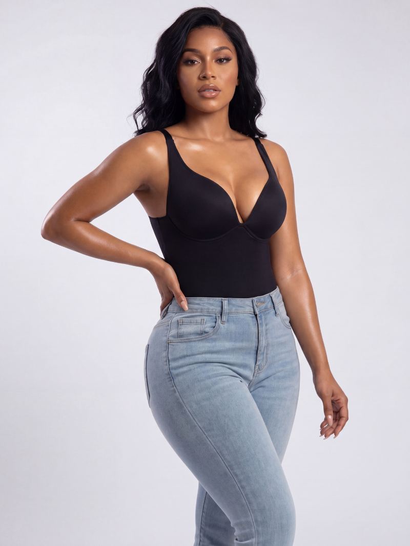 V Neck Adjustable Straps Tummy Control Bodysuit