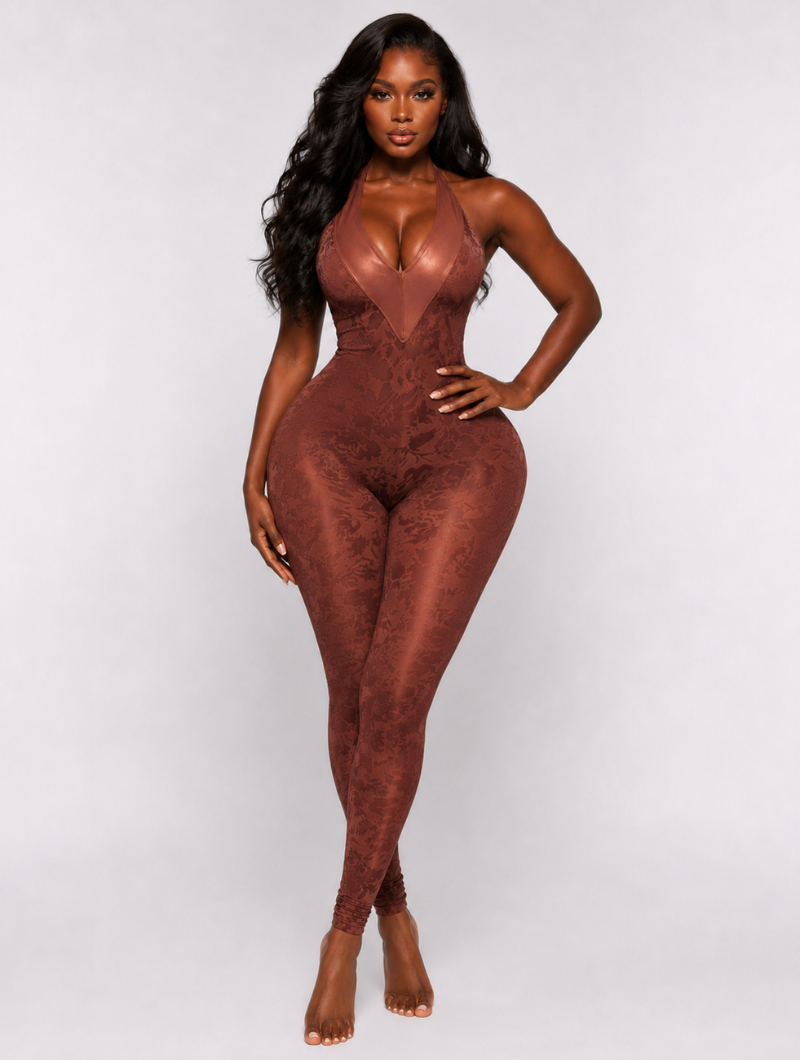 Copper Jacquard Plunge Jumpsuit