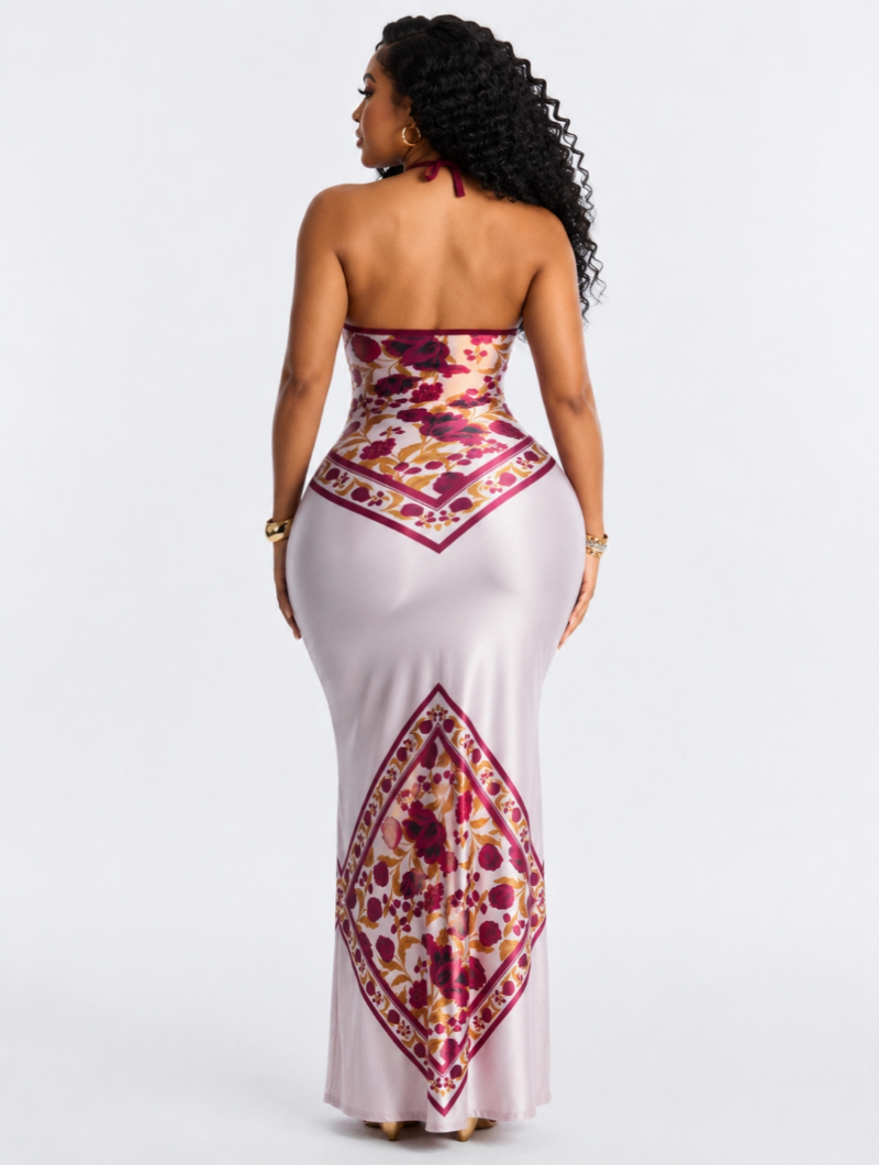 Backless Floral Satin Maxi