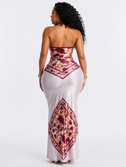 Backless Floral Satin Maxi