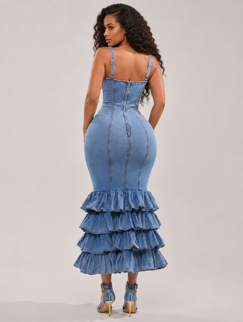 Tiered Mermaid Faux Denim Dress