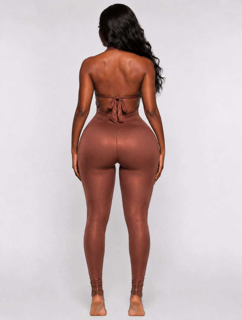 Copper Jacquard Plunge Jumpsuit