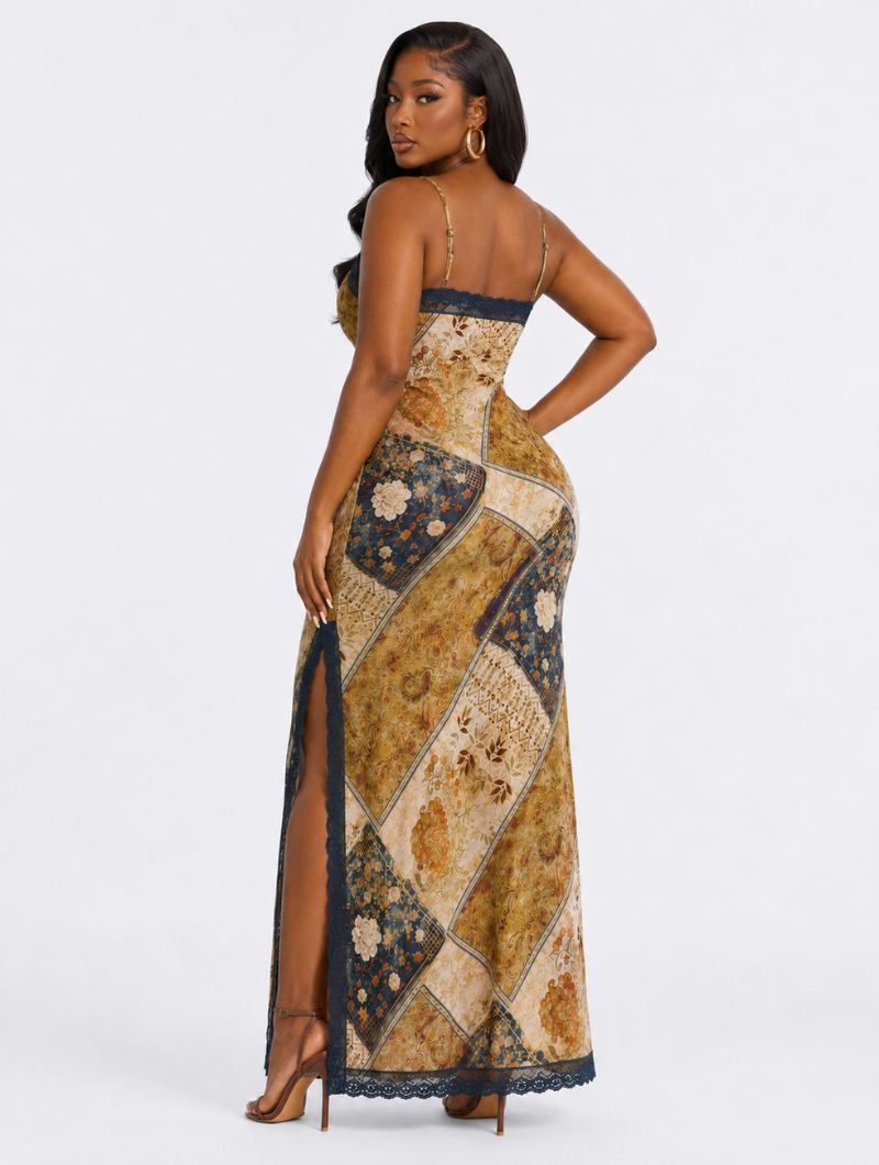 Satin Lace Trimmed Maxi