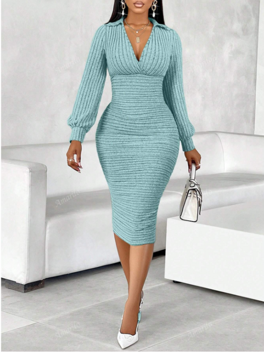 Casual Knitted Dress with Deep V
