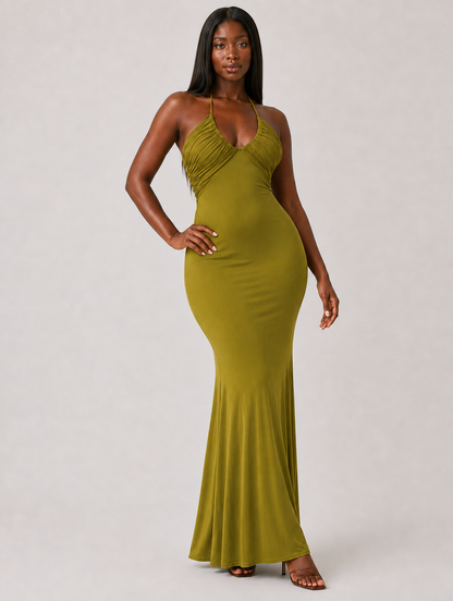 Olive Ruched Halter Maxi